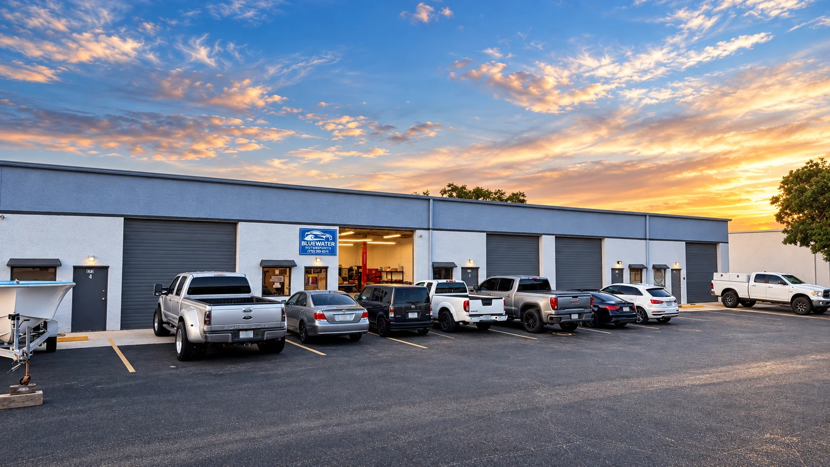 Actual Blue Water Motorsports shop exterior at sunset