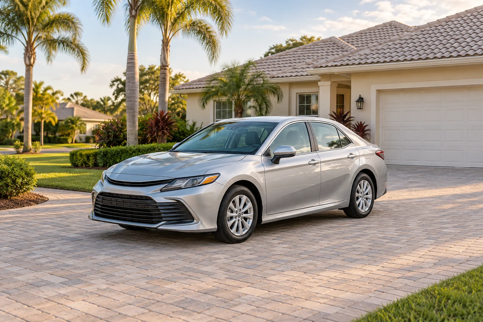 A clean silver sedan at a Florida home; illustrative seasonal vehicle-care image